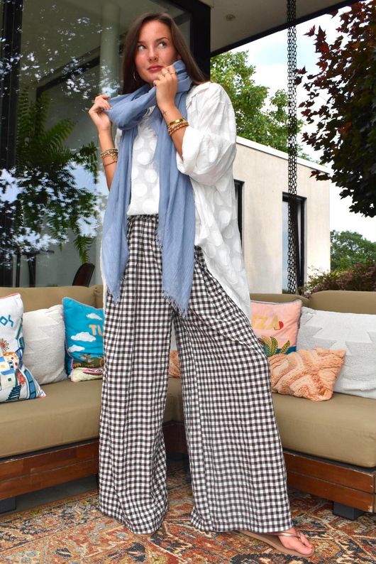 Agnes Cotton Gingham Wide Leg Pant Coffee Bean