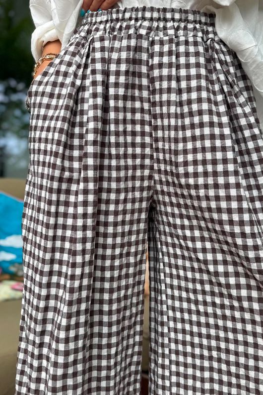 Agnes Cotton Gingham Wide Leg Pant Coffee Bean
