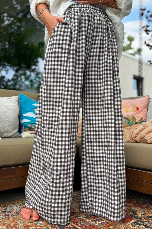 Agnes Cotton Gingham Wide Leg Pant Coffee Bean