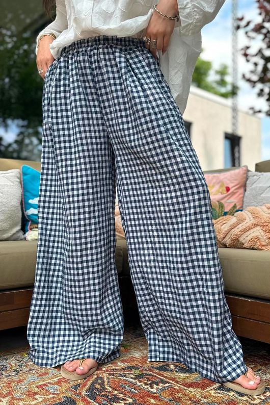 Agnes Cotton Gingham Wide Leg Pant Navy