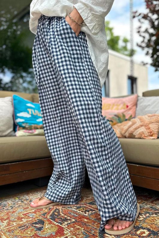 Agnes Cotton Gingham Wide Leg Pant Navy