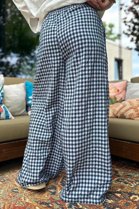 Agnes Cotton Gingham Wide Leg Pant Navy