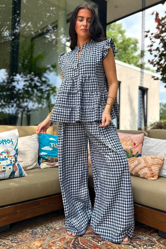 Agnes Cotton Gingham Wide Leg Pant Navy