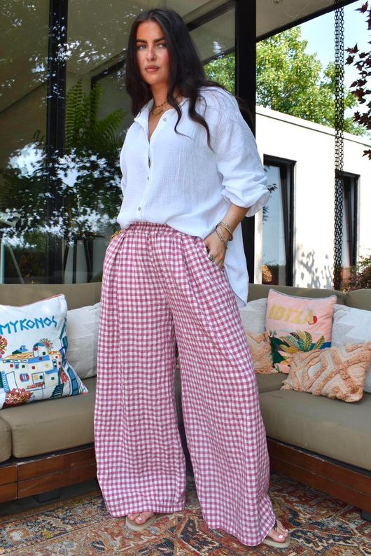 Agnes Cotton Gingham Wide Leg Pant Plum
