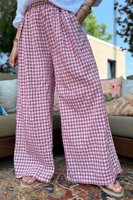 Agnes Cotton Gingham Wide Leg Pant Plum