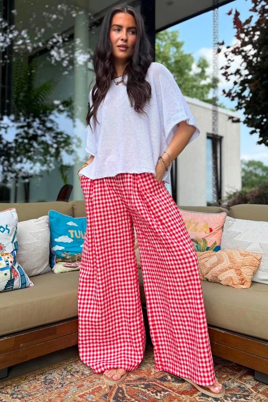 Agnes Cotton Gingham Wide Leg Pant Ruby