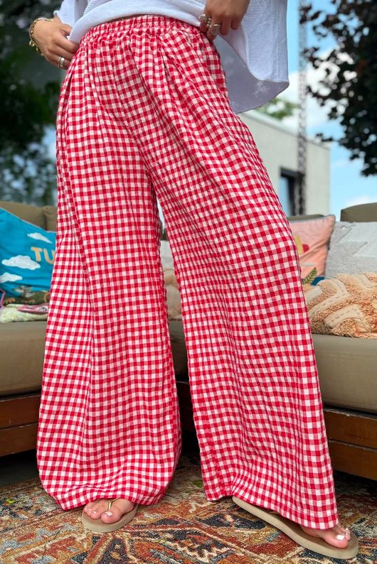 Agnes Cotton Gingham Wide Leg Pant Ruby