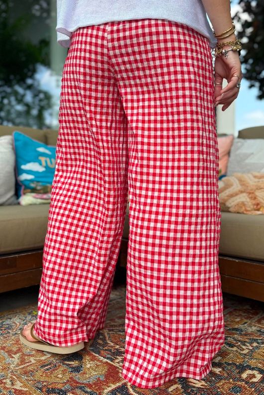 Agnes Cotton Gingham Wide Leg Pant Ruby