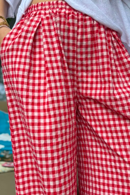 Agnes Cotton Gingham Wide Leg Pant Ruby
