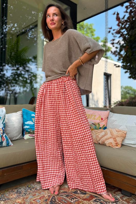 Agnes Cotton Gingham Wide Leg Pant Rust