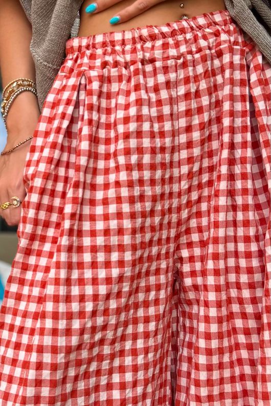 Agnes Cotton Gingham Wide Leg Pant Rust