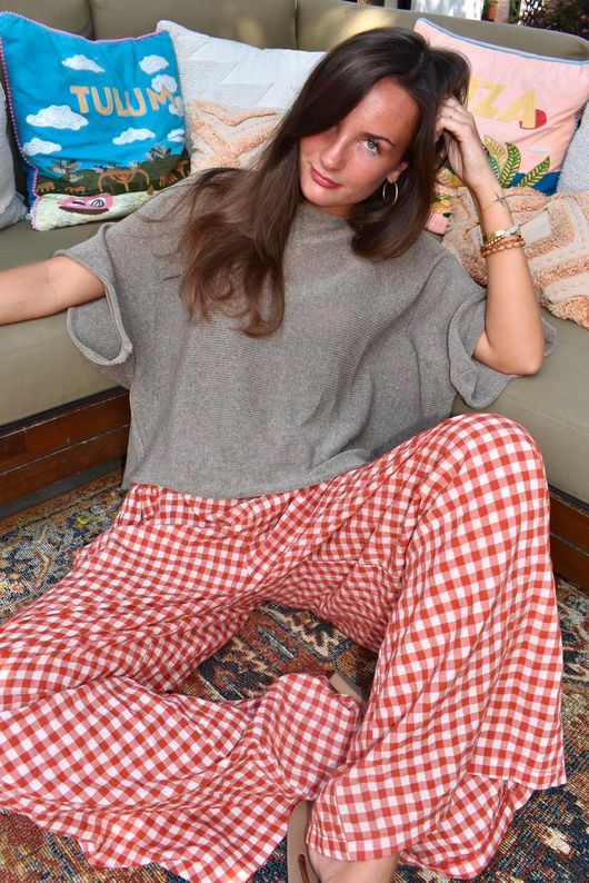 Agnes Cotton Gingham Wide Leg Pant Rust