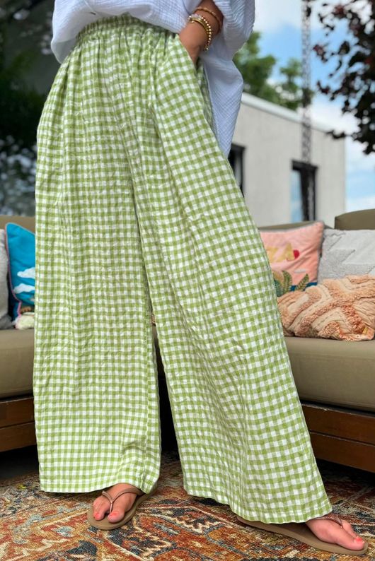 Agnes Cotton Gingham Wide Leg Pant Soft Olive