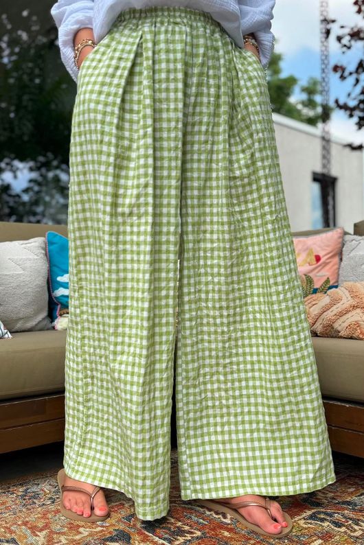 Agnes Cotton Gingham Wide Leg Pant Soft Olive