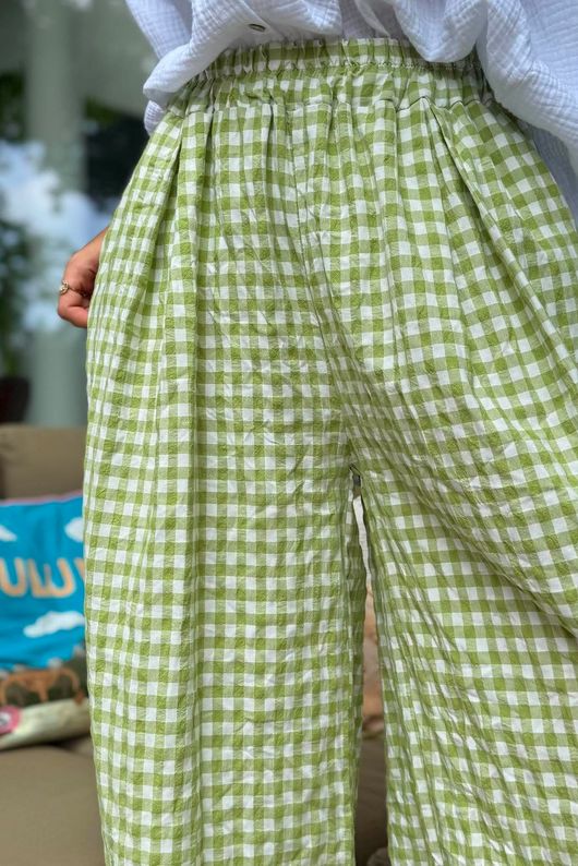 Agnes Cotton Gingham Wide Leg Pant Soft Olive