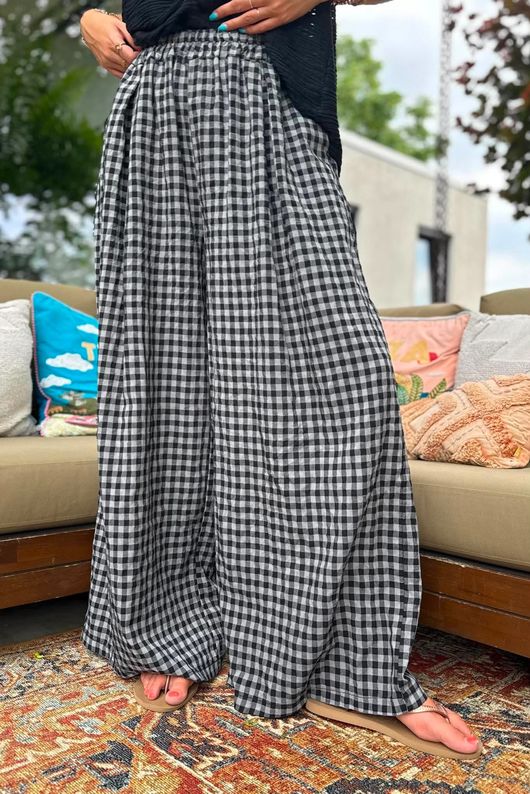 Agnes Cotton Gingham Wide Leg Pant Black Grey