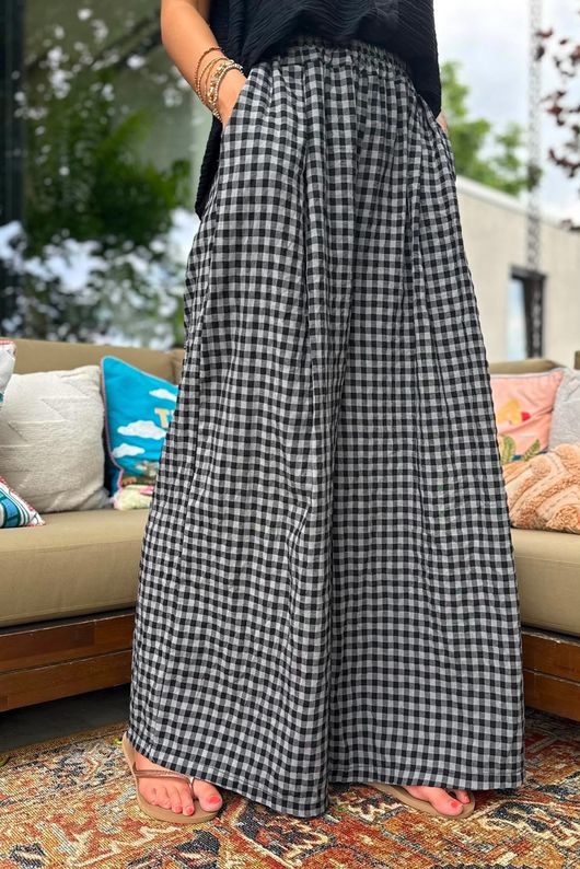 Agnes Cotton Gingham Wide Leg Pant Black Grey