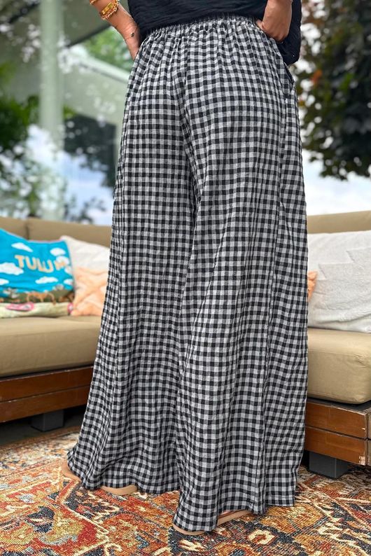 Agnes Cotton Gingham Wide Leg Pant Black Grey