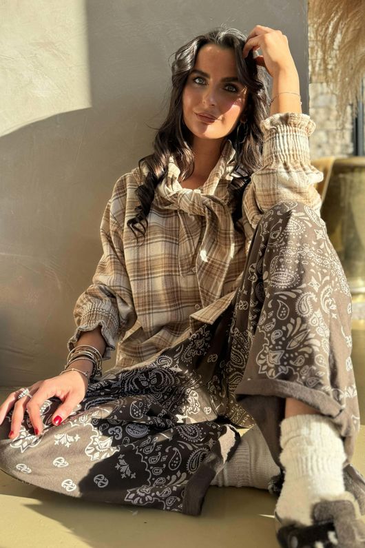 Agnes Plaid Brushed Cotton Neckerchief Blouse Camel