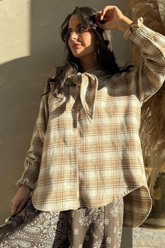 Agnes Plaid Brushed Cotton Neckerchief Blouse Camel