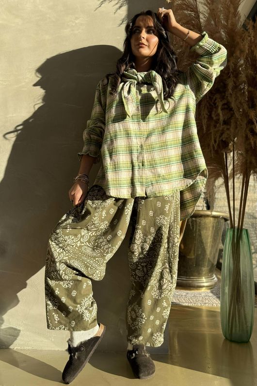 Agnes Plaid Brushed Cotton Neckerchief Blouse Greens 