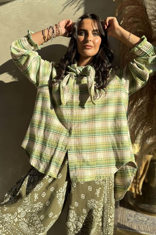 Agnes Plaid Brushed Cotton Neckerchief Blouse Greens 