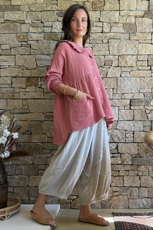 Annie Cushion Cotton Peter Pan Smock Blouse Indian Red