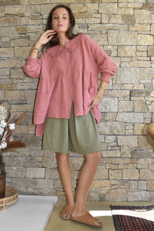 Annie Cushion Cotton Peter Pan Smock Blouse Indian Red