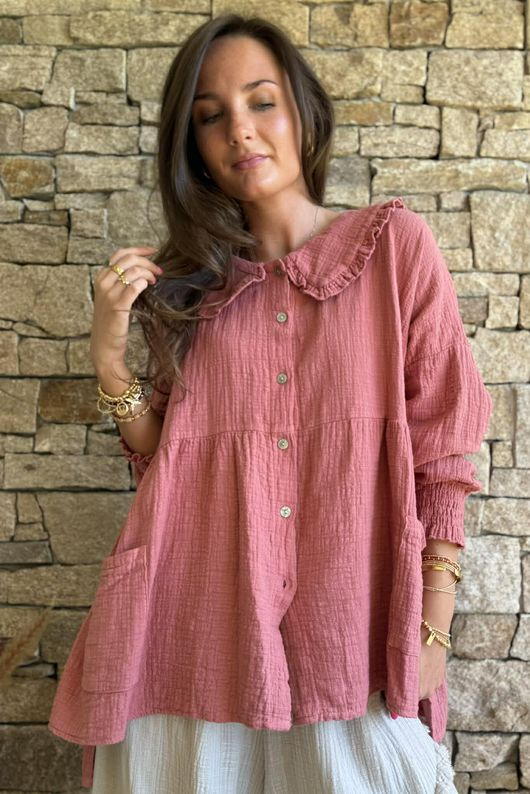 Annie Cushion Cotton Peter Pan Smock Blouse Indian Red