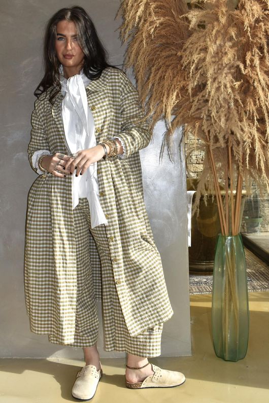 Annie Gingham Peter Pan Frock Coat Olive /20 Pre order 10 days ~