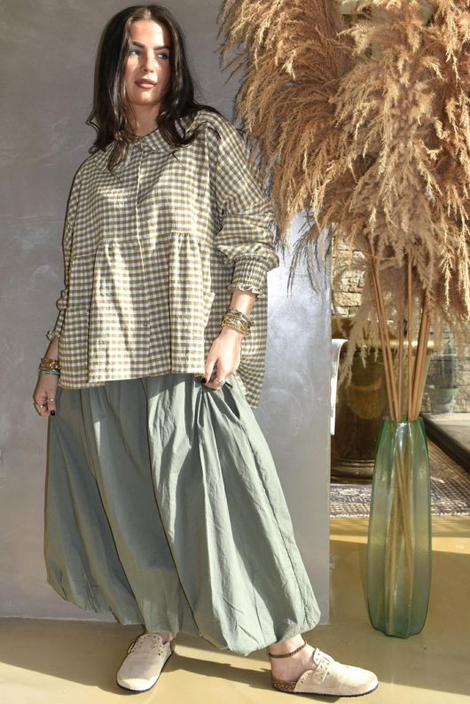 Annie Gingham Peter Pan Smock Blouse Olive /20 Pre order 10 days 