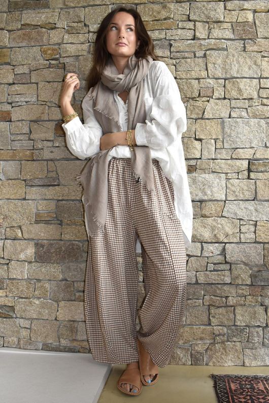 Arbi Gingham Relaxed Barrel Pant Hazelnut Pre order 5 days  