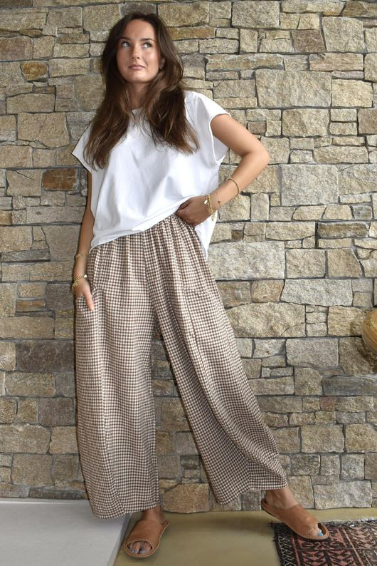 Arbi Gingham 7/8 Barrel Pant Hazelnut