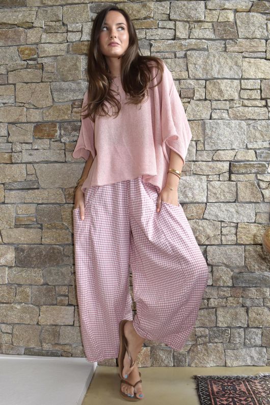 Arbi Gingham Relaxed Barrel Pant Indian Pink Pre order 5 days 