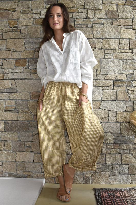 Arbi Gingham Relaxed Barrel Pant Mustard Pre order 5 days 