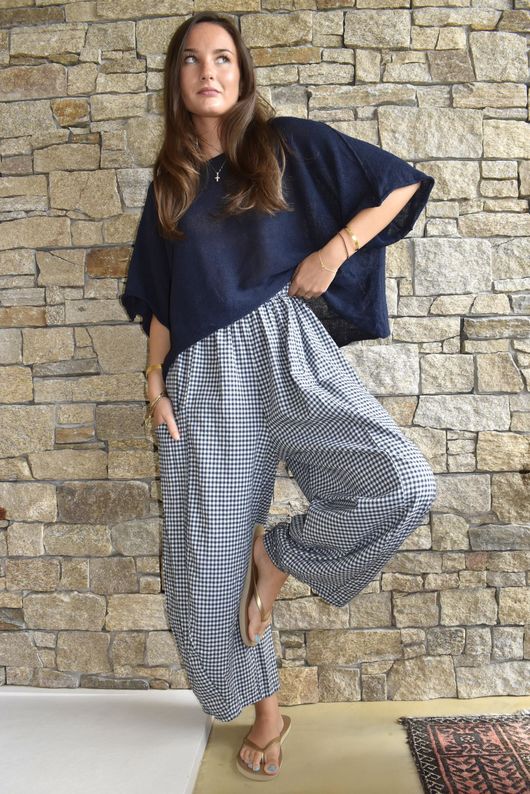Arbi Gingham Relaxed Barrel Pant Navy Pre order 4 days 