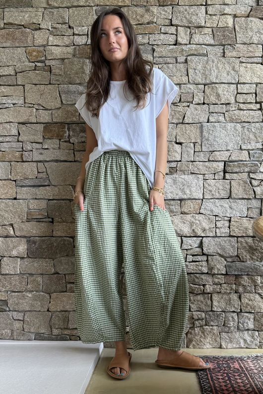 Arbi Gingham Relaxed Barrel Pant Olive Pre order 5 days 