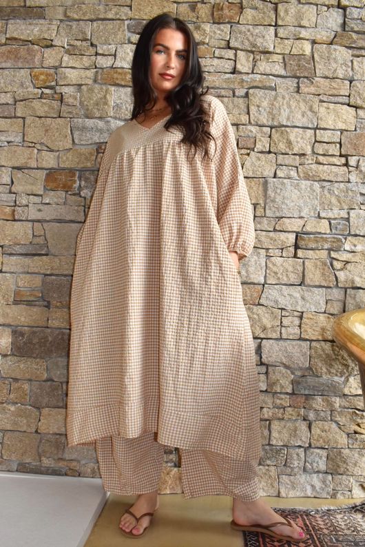 Arbi Gingham Artist Peasant Dress Camel