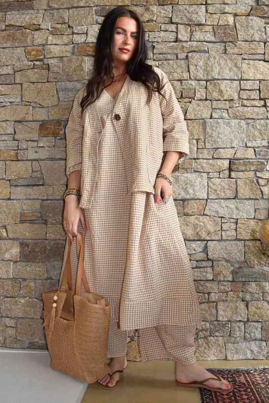 Arbi Gingham Artist Peasant Dress Camel