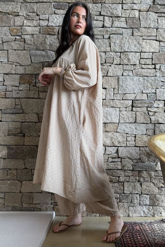 Arbi Gingham Artist Peasant Dress Camel