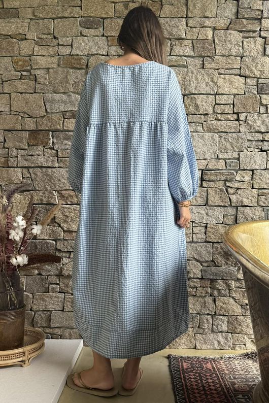 Arbi Gingham Artist Peasant Dress Denim