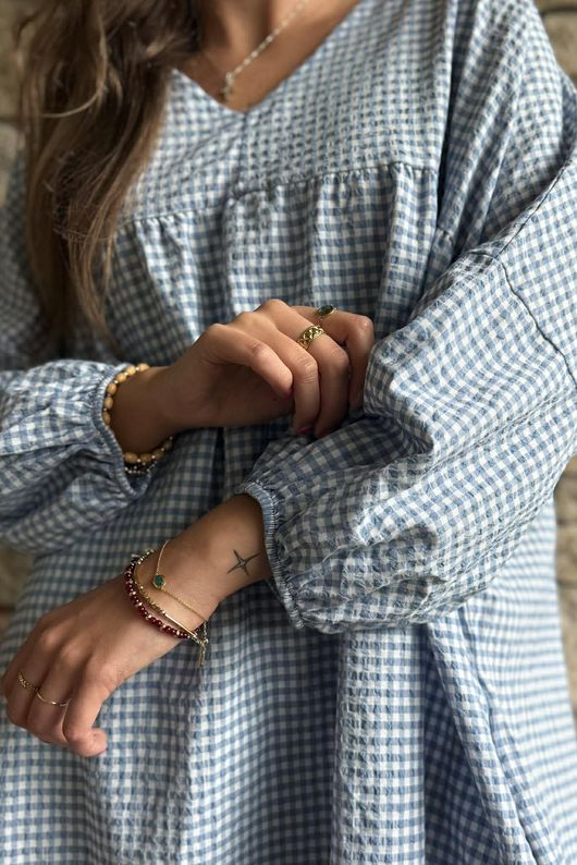 Arbi Gingham Artist Peasant Dress Denim