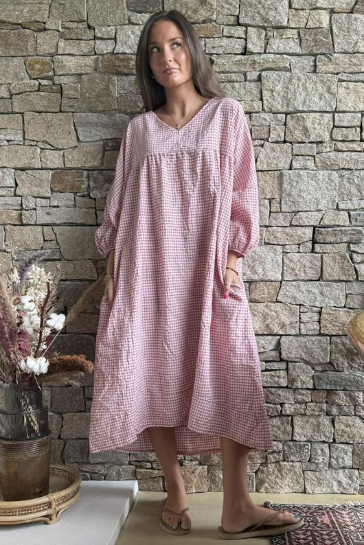 Arbi Gingham Artist Peasant Dress Indian Pink