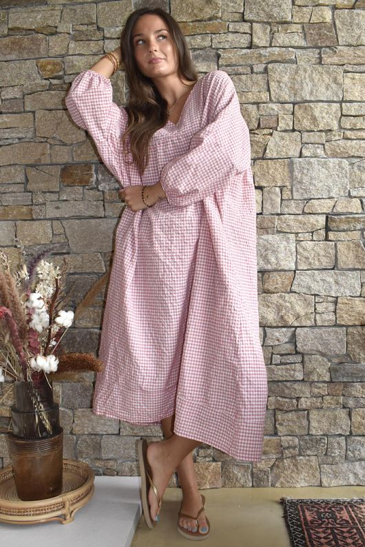 Arbi Gingham Artist Peasant Dress Indian Pink Pre order 5 days 