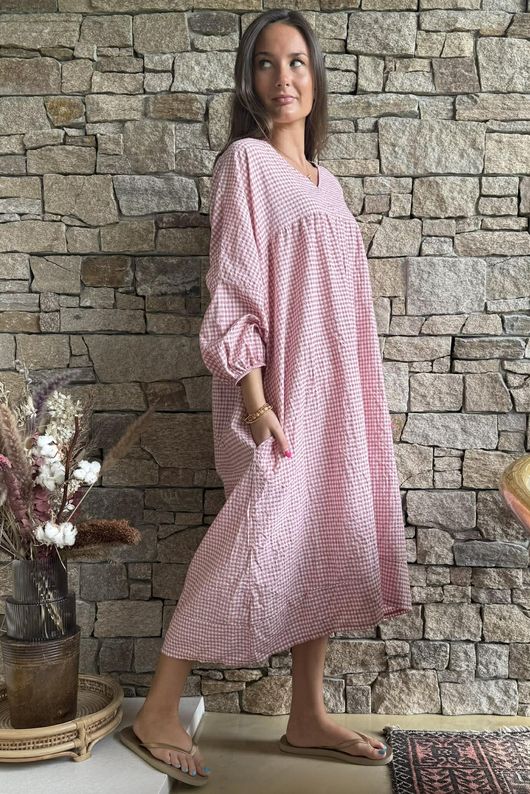 Arbi Gingham Artist Peasant Dress Indian Pink