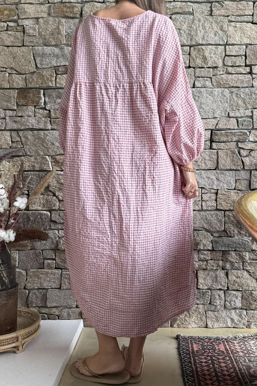 Arbi Gingham Artist Peasant Dress Indian Pink