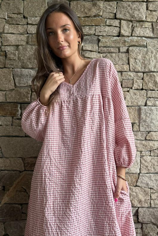 Arbi Gingham Artist Peasant Dress Indian Pink