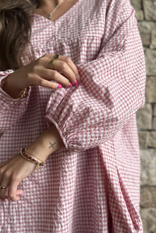 Arbi Gingham Artist Peasant Dress Indian Pink