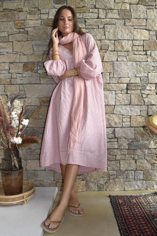 Arbi Gingham Artist Peasant Dress Indian Pink