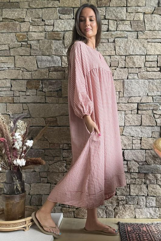 Arbi Gingham Artist Peasant Dress Indian Red